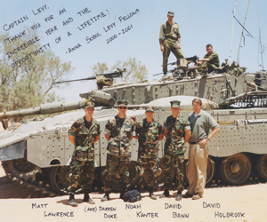 The five 2000-2001 Anna Sobol Levy Fellows with an IDF Merkava tank and Capt. Levy's handwritten thank-you note